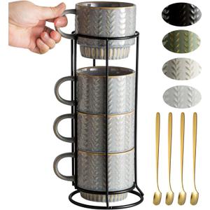 Coffee Mugs Set of 4 with Spoons & Stand, Stackable Espresso Cups 13oz Coffee Mug for Drinks Latte Cappuccino Tea, Coffee Cup for Women Men Couples Housewarming Birthday Gift, Dishwasher Safe (Gray)