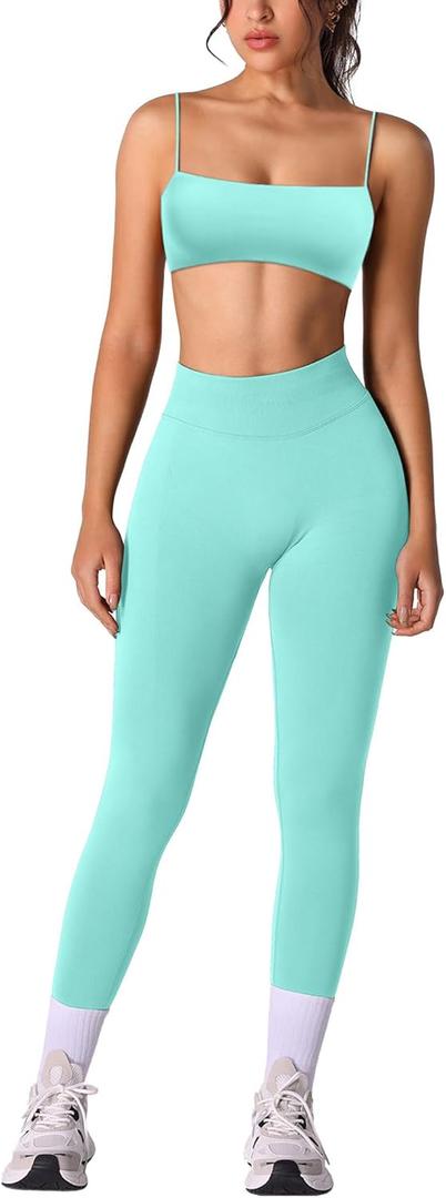 ABOCIW Workout Sets for Women 2 Piece Seamless Bandeau Strappy Sports Bra High Waist Leggings Yoga Gym Work Out Clothes (Small, Mint Green)