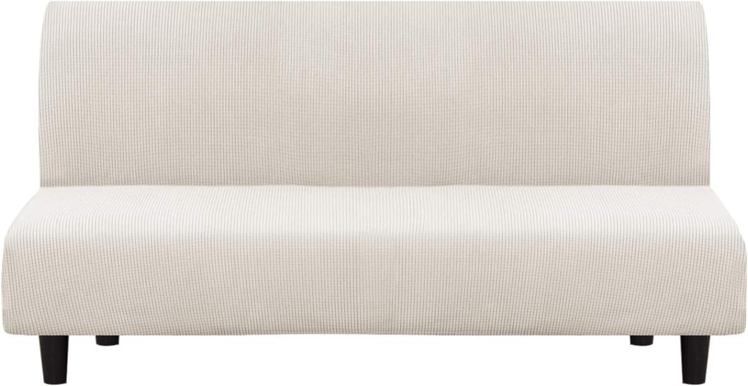 Turquoize Stretch Futon Cover Armless Sofa Cover Sofa Bed Slipcover Futon Couch Cover Furniture Protector with Elastic Bottom Feature Thick Soft Checked Jacquard Fabric, Ivory