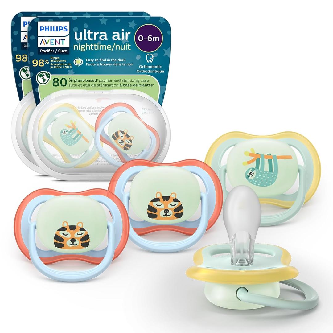 Philips Avent Ultra Air Nighttime Pacifiers - Orthodontic Design, for Babies 0-6 Months, Glow in The Dark, Soft Silicone Symmetrical Nipple, BPA-Free, 2 Sterilizing Cases, 4 Pack, SCF376/35 (blue)