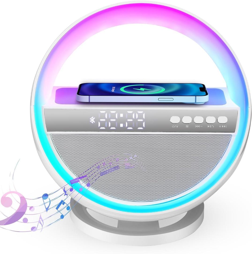 Pxujoqecg Mood Lamp with Up to 15W Wireless Charger, 6 in 1 Smart Alarm Clock, Bluetooth Speaker, LED Table Lamp with 12 RGB Colors, Bedside Nightstand Lamp, Modern Desk Lamp Gift - G5