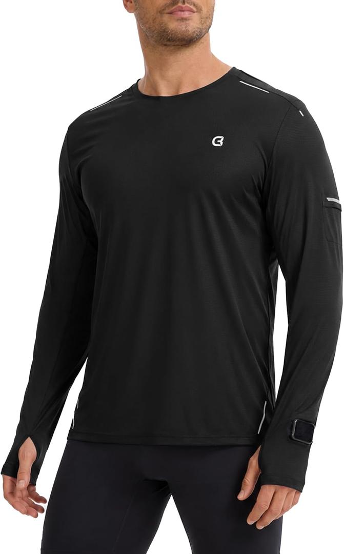 UPF 50+ Long Sleeve Running & Fishing Shirt for Men with Watch & Thumb Hole, Reflective Quick Dry Athletic Tee Shirts (Black, XXL)