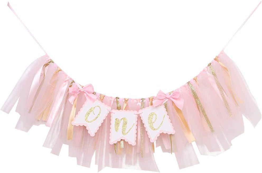 Highchair Banner 1st Birthday Girl - Tulle And Ribbon Banner For First Birthday, Cake Smash Photo Prop, Party Supplies (Pink)