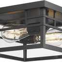 Darkaway Ceiling Light Fixtures, Flush Mount Industrial Hallway Light Fixtures Ceiling with Seeded Glass Shade for Outdoor Entryway Bedroom Kitchen Living Room 2-Light E26 (Black-Square)