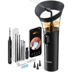 Ear Wax Removal - One-Hand Manual Ear Cleaner with Camera, 7 PCS Ear Spoons, Safe Ear Irrigation Kit for Adults (Black)