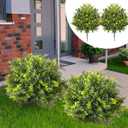 2 Pack Artificial Boxwood Ball Artificial Topiary Ball for Outdoor 24'' Faux Boxwood Tree UV Resistant Evergreen Fake Plant Sphere with Spike for Front Door Porch Indoor Garden Yard Decor