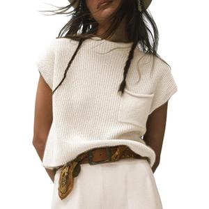 Fiona Jolin Women's Sleeveless Knit Sweater Vest Vintage Cap Sleeve Casual Mock Neck Tank Top with Front Pocket (White) S
