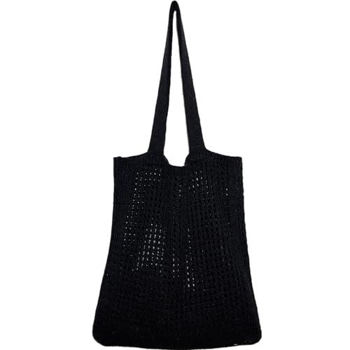WantGor Crochet Bags, Beach Mesh Tote Bag Womens Shoulder Shopping Handbag Casual Travel Totes Bag Foldable Hobo Bags (Black)
