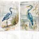 SWQYLB Blue Heron Wall Art Set of 2 Coastal Bird Paintings Beach Animal Pictures Canvas Crane Framed Art Prints Bathroom Living Room Home Decor (Blue, (24"x36"x2 Pieces))