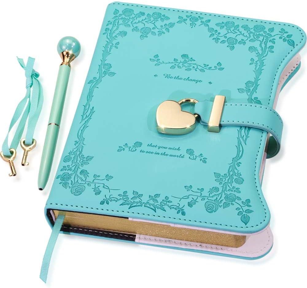 Hoci Poci Diary with Lock and Keys for Girls Gift Ideas, 360 Gold Edged Pages Journal for Women, B6 Refillable Notebook for Writing with Pen and Bookmark (Garden Turquoise)
