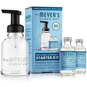 MRS. MEYER'S CLEAN DAY Foaming Hand Soap Dispenser & Concentrate Starter Kit,1 Glass Dispenser (10 Fl. Oz.) & 2 Concentrated Refills (2 Fl.Oz. each),Rain Water, Makes 20 Fl. Oz. of Foaming Soap Total