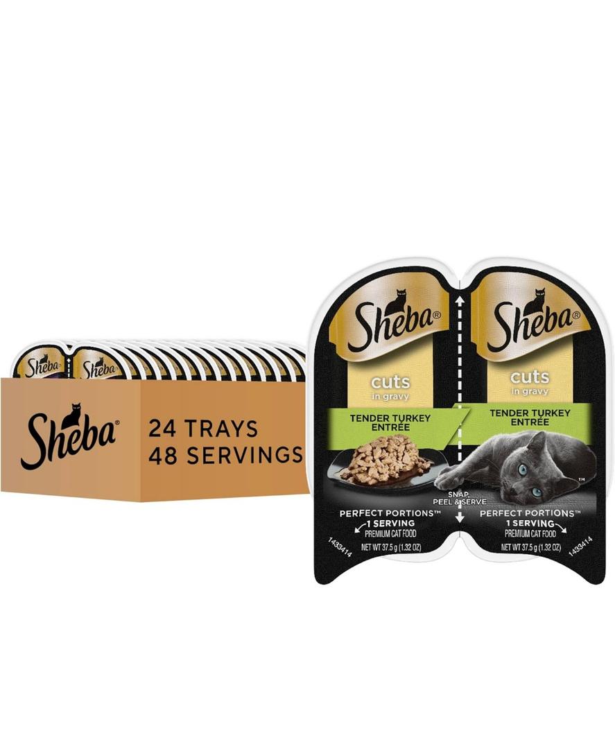 Sheba Perfect Portions Wet Cat Food Cuts in Gravy, Cat Food Wet Recipe, Turkey Entree, 2.6 oz. Twin-Pack Trays (24 Count, 48 Servings)