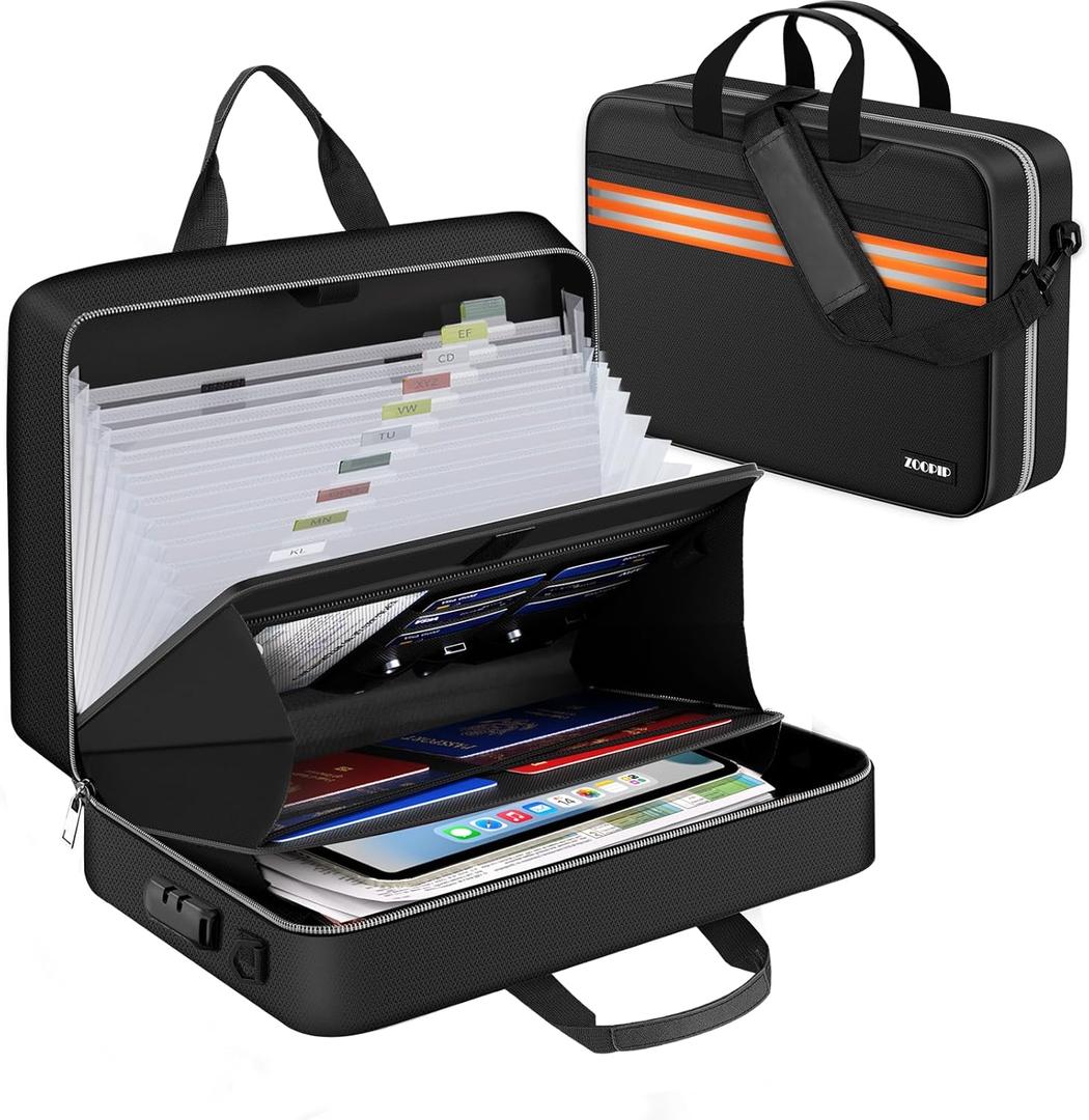 ZOOPIP Accordion File Organizer with Lock,Fireproof Document Organizer Bag with Shoulder Strap,Large 13 Pocket Expanding File Folder,Portable Safe Storage for Letter/Legal Files,Books, LaptopBlack