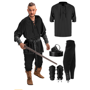 Jiuguva 4 Pcs Halloween Men's Renaissance Costume Set Medieval Pirate Shirt Ankle Banded Pants Viking Belt Accessories, Large