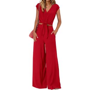 PRETTYGARDEN Women's Summer 2 Piece Outfits 2026 Cap Sleeve V Neck Belted Crop Tops Wide Leg Pant Sets Casual Tracksuit (Red, XL)