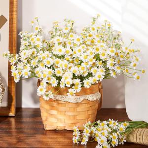 Serwalin 24pcs Small White Daisy Flowers Artificial Fake Wildflower Bouquet, Realistic Faux Daisies Arrangements for Wedding, Vase Centerpiece Table Decorations, DIY Home Party (Not Include Basket)