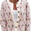 Women's Funny Fall Winter Animal Floral Christmas Tree Long Sleeve Button Knit Cardigan Sweater (Large, Elk-white)