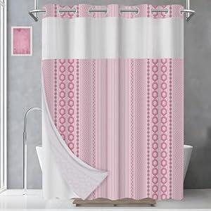 AXURXUI No Hook Shower Curtain with Snap in Liner and Sheer Window, Boho Multi-Color Striped Fabric Shower Curtain Set for Bathroom Decor, Washable and Quick Install, Pink, 71 X 84 Inches