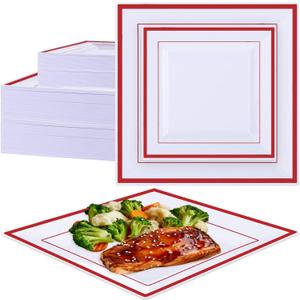 100 Pcs Square Plastic Plates Disposable Dinnerware Set 50 Guests 9.5, 6.5 In Heavy Duty Dinner Plates with Rim Square Plastic Plates for Graduation Wedding Party Events (Red Rim)