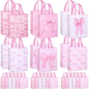 SilTriangle 30 Pcs Large Pink Bow Gift Bags Bulk, 12.6 x 9.8 x 4.4 in Reusable Non-woven Pink Tote Bags with Handles, Party Favor Bag for Birthday, Bridal Shower, Baby Shower