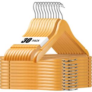 HOUSE DAY Wooden Hangers 30 Pack, Solid Wood Clothes Hangers with Non Slip Pant Bar, Heavy Duty Wooden Coat Hanger for Closet, Smooth Finish Wood Hangers for Shirts, Suits Jackets, Dress, Natural