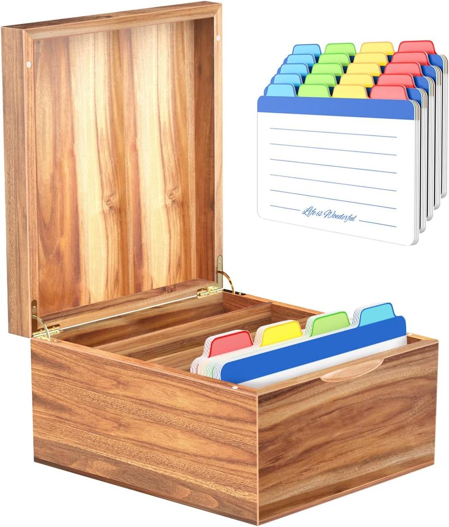 Neando 5x8 Index Card Organizer with Lid  Extra Large Acacia Wood Storage Box with 4 Compartments, 20 Blank Tabs, Holds 600 Cards  File Box for Recipes, Projects, School Notes & Office Organization