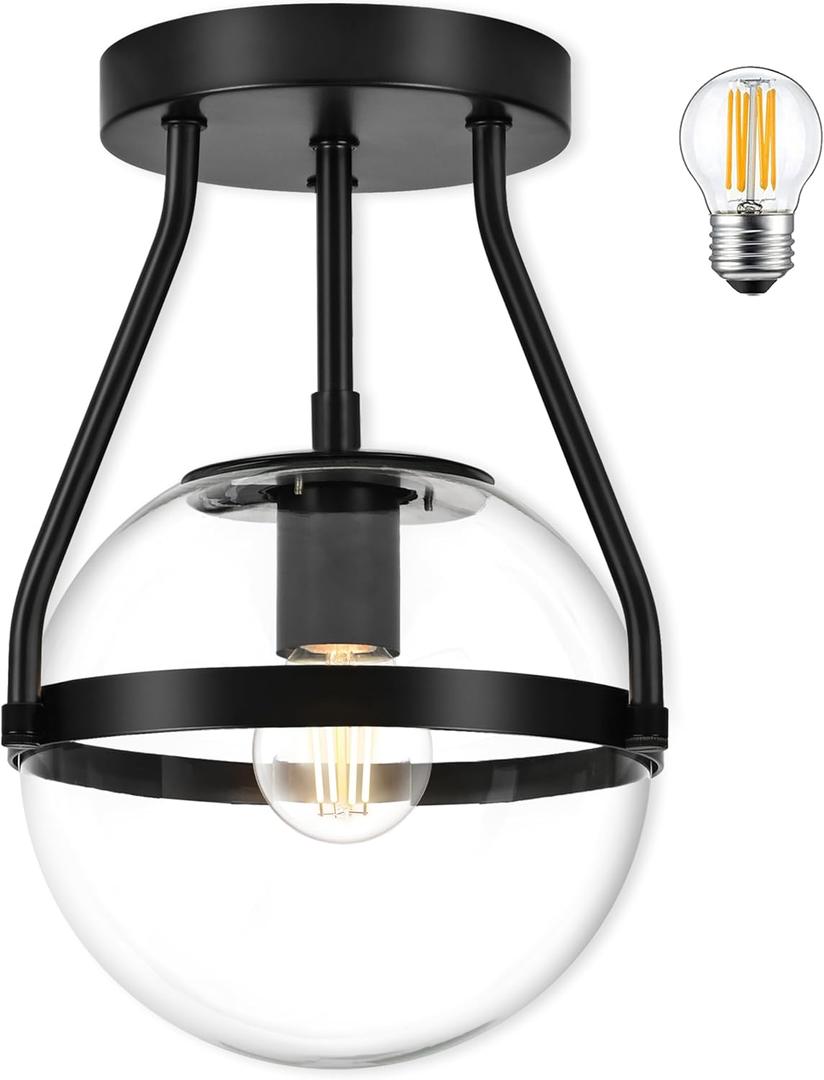 Bagood 6" Globe Semi Flush Mount Ceiling Light Fixture Modern Black Semi Flush Mount Ceiling Light Mid Century Ceiling Light With Clear Glass Shade Matte Black Finish for Hallway Bathroom (Bulb Incl.)