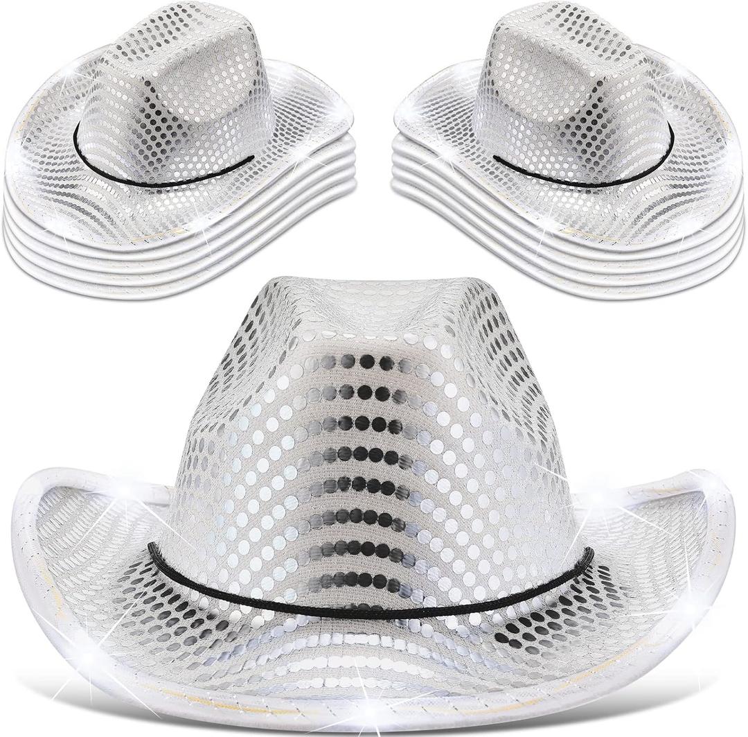 Kigeli 10 Pcs Lights LED Cowboy Cowgirl Hat LED Flashing Hat Cowgirl Hat for Western Cowboy Role Play(Silver,Sequin)