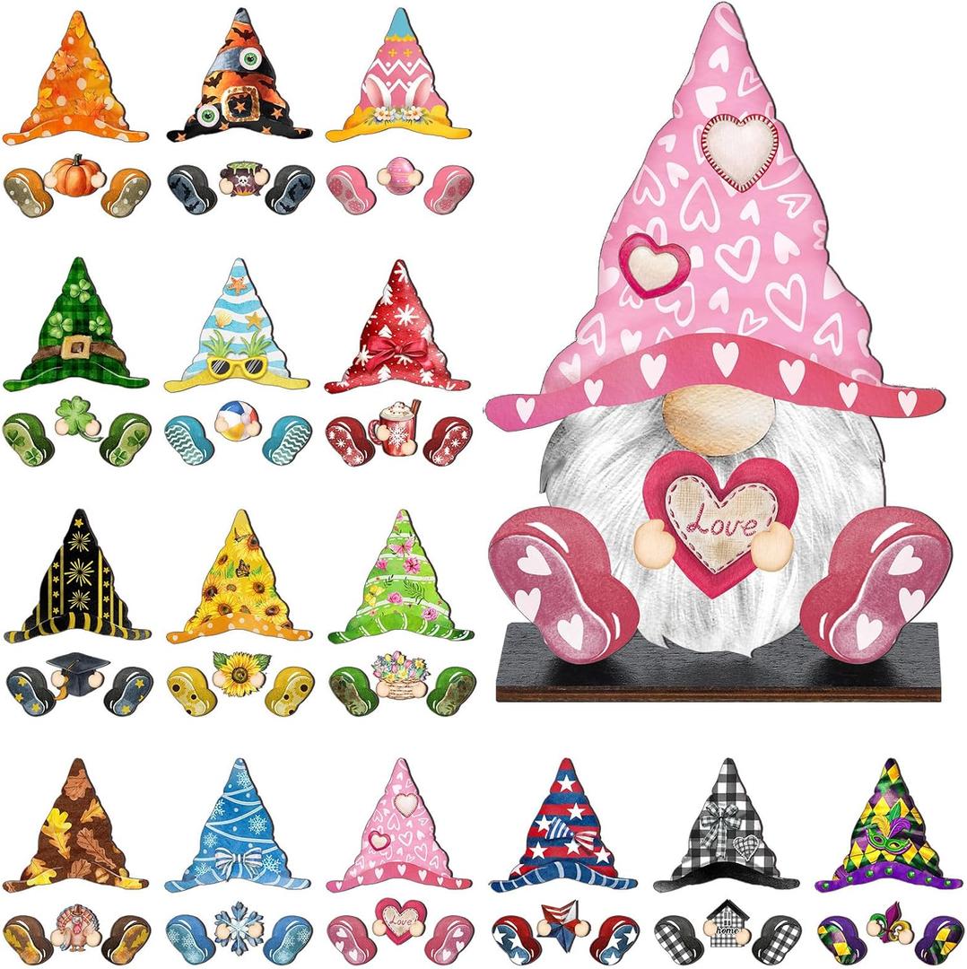 Blulu 34 Pcs Interchangeable Wooden Gnome Decor Valentines St. Patrick's Day Easter Holiday Seasonal Tiered Tray Decor Gnomes with Magnet Pieces Welcome Sign for Holiday Decorations (Vivid)
