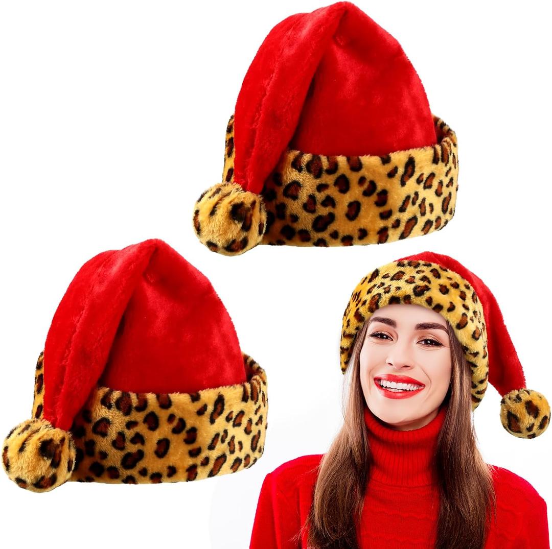 Eurzom 2 Pcs Christmas Santa Hat Furry Xmas Hat with Comfort Lining and Brim Large Unisex Plush Santa Cap for Women Men (Large Simple Style, Red Leopard)