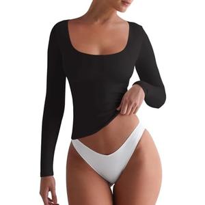 REORIA Womens Basic Square Neck Long Sleeve Shirts Double Lined Tops Tight Shirts Fall Outfits 2025 XL