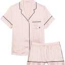 Victoria's Secret Satin Pajama Set, Short Sleeve Button Down & Shorts, Pajamas for Women, Pink Iconic Stripe, XXL (Pink, XXL)