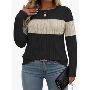 Plus-Size-Womens-Tops Casual Color Block Long Sleeve Shirts Lightweight Knit Pullover Sweaters Trendy Tunics Blouses, Size XL