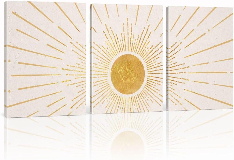 Boho Wall Decor, Set of 3 Modern Gold Boho Sun Wall Art | Framed Canvas Paintings Artwork for Walls, 3 Piece Minimalist Sun Prints Bohemian Wall Hanging for Living Room Hallway Bedroom Kitchen Dining Room Office Bathroom