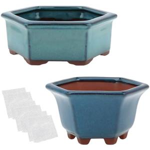 Bonsai Planter 2pc Small Succulent Glazed Pots 4.9" and 6.1" + 6 Soft Mesh Drainage Screens