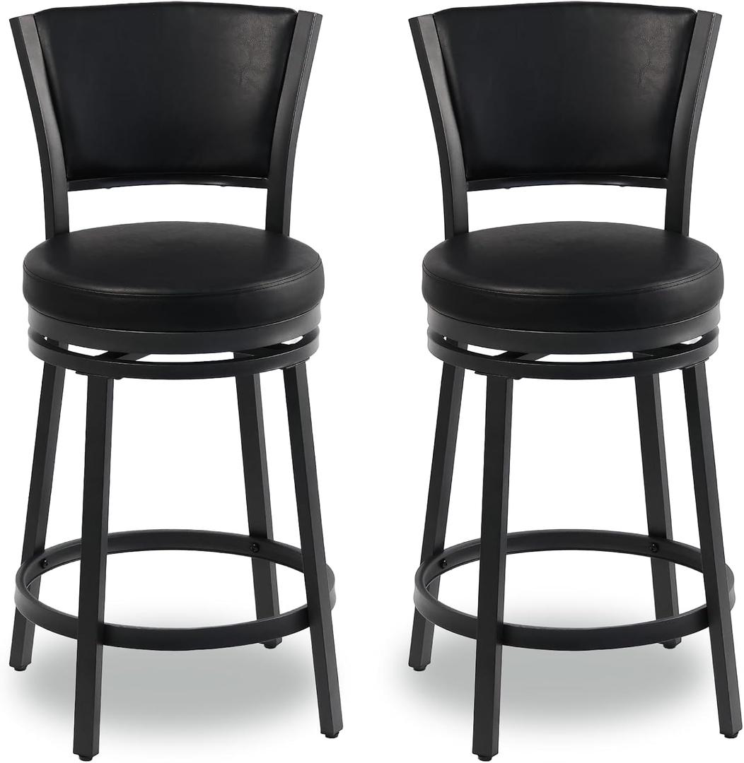 Swivel Bar Stools Set of 2, 25 inch Counter Height Barstools, Modern Metal Swivel Bar Chairs with Backrest, Faux Leather Upholstered Counter Height Chairs for Kitchen Island, Black