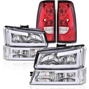 G-PLUS LED DRL Headlights Assembly & Tail Lights Fit Chevy Silverado 1500 1500 HD 2500 2500 HD 2003-2006, Clear Lens Chrome Housing Clear Reflector Headlamps Assembly Red Taillights