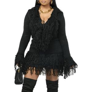NRTHYE Women 2 Piece Sweater Skirt Set Casual Tassel Long Sleeve Sweaters Fringe Mini Skirt Matching Sexy Club Outfits (00 Black), Size XL