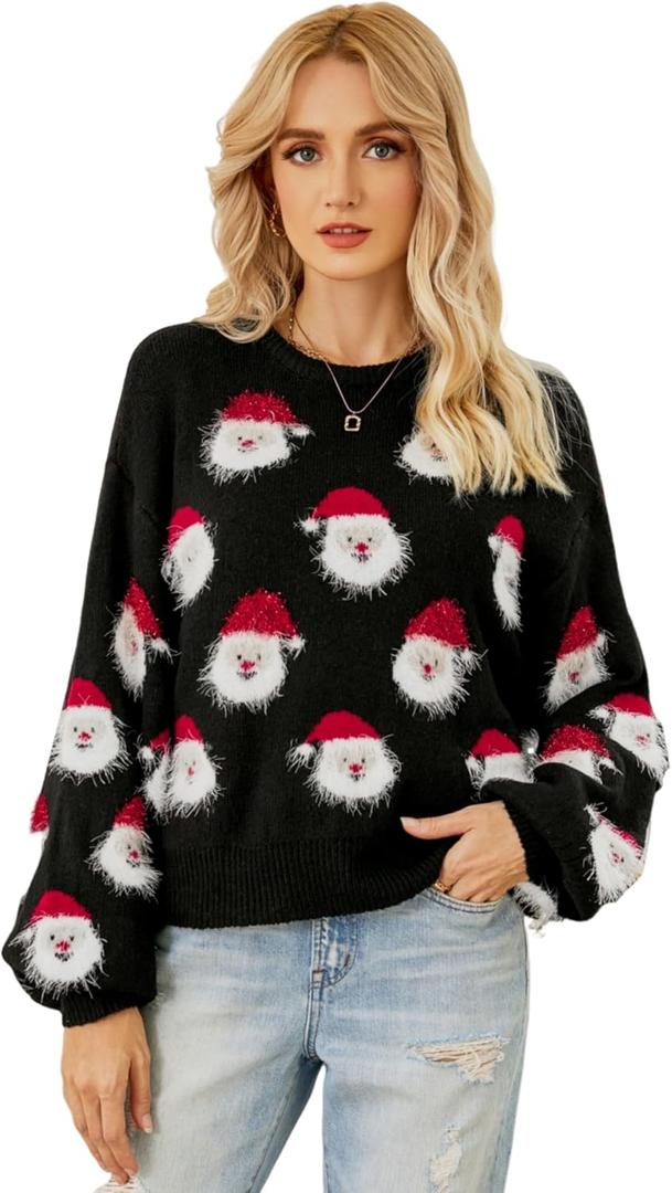 Ugly Christmas Sweater Women Funny Santa Xmas Cute Snowflake Holiday Party Knitted Pullover Tops (Black-XL)