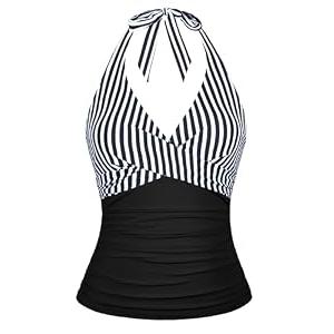 Firpearl Womens Underwire Tankini Swimsuits Tops Halter V Neck Bathing Suit Tops Ruched Tummy Control Tankinis Black & White Stripe US12