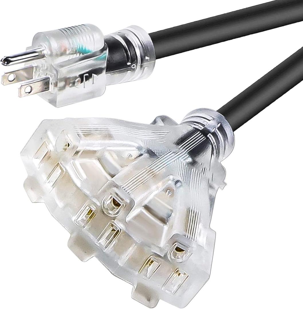 50 FT 12/3 Extension Cord Heavy Duty Black 3-Outlet Indoor/Outdoor SJTW Lighted 12-Gauge Grounded Power Cable,12AWG 15 Amp, 1875 WattsUL ListedSafety
