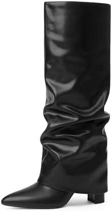 Modatope Knee High Boots Women Fold Over Knee High Boots Chunky High Heels Long Boots Zipper Pointed Toe Dress Tall Boots for Women 8.5, Black