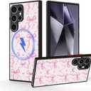 Compatible for Smasung Galaxy S25 PlusMagsafe Case, Aesthetic Pink Ribbons and Bows in Watercolor Print Art Thin Soft Black TPU +Tempered Mirror Protective Magnetic Case