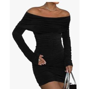 Women's Fashionable and Shoulder Solid Color, Long, Black Dress S