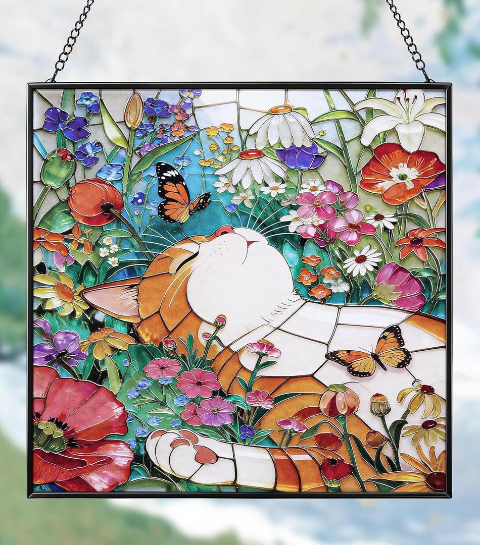 Cat Stained Glass Window Hanging, 7.9" Square Suncatcher with Chain Suction Cup, Cute Kitten Sun Catchers Indoor Window, Colorful Cat Decor for Wall, Porch, Birthday, Orange Tabby