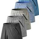 5 Pack: Women's Workout Gym Shorts Casual Lounge Set, Ladies Active Athletic Apparel with Zipper Pockets (Medium, Heather Black/Gray/Blue)