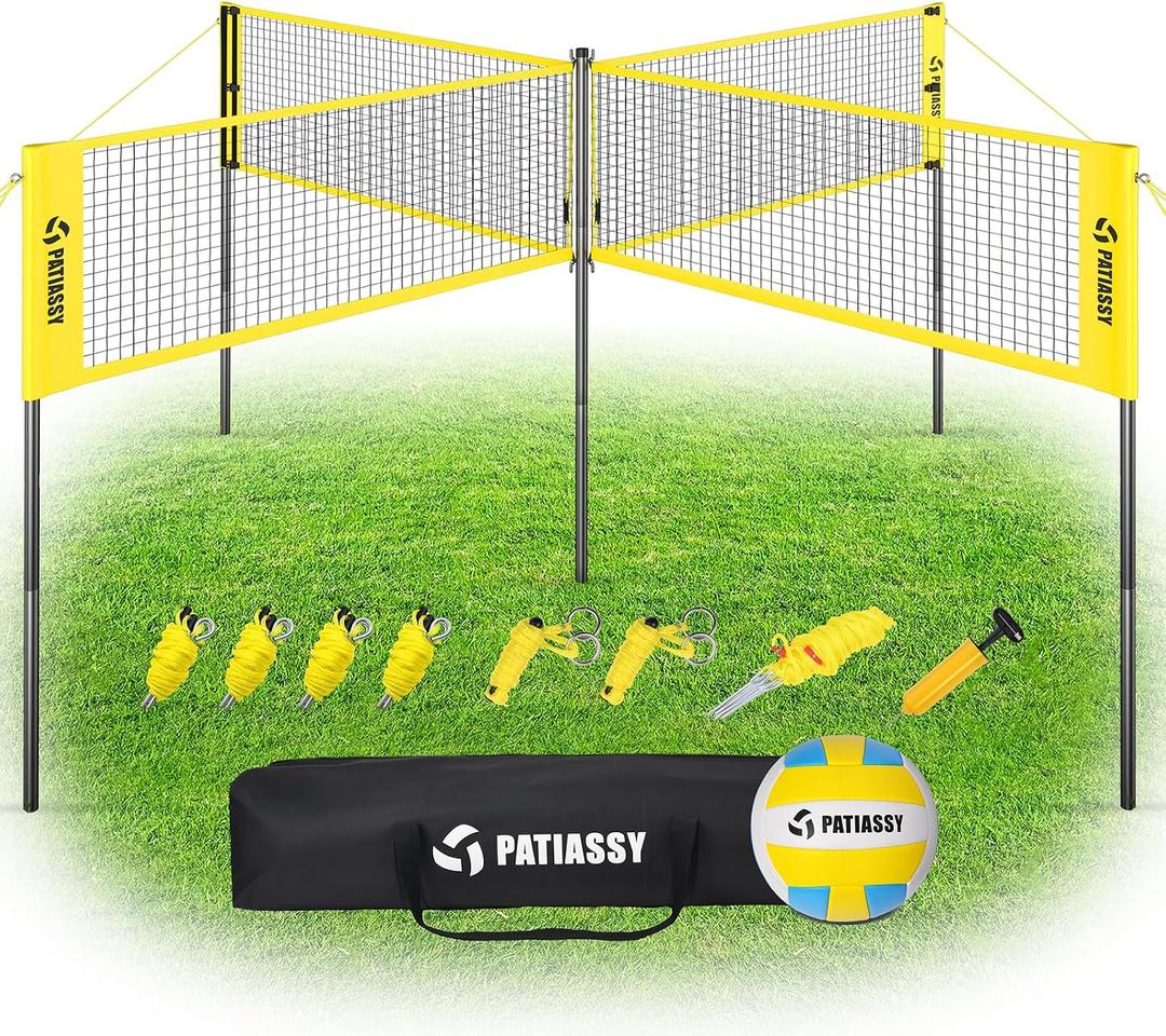 4 Square Volleyball Game Set, 4 Way Net System with 16FT & 32FT Court, Adjustable Height Backyard Badminton Combo, Portable Outdoor Kit with Ball, Pump, Boundary Line, Carry Bag