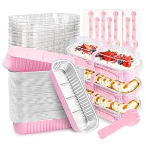 NPLUX 50 PACK Mini Cake Pans with Lids and Spoons,Rectangular Aluminum Foil Bread Pan,Mini Loaf Pans and Food Containers with Lids Mothers Day Gifts Party Favors(Pink,6.8oz)