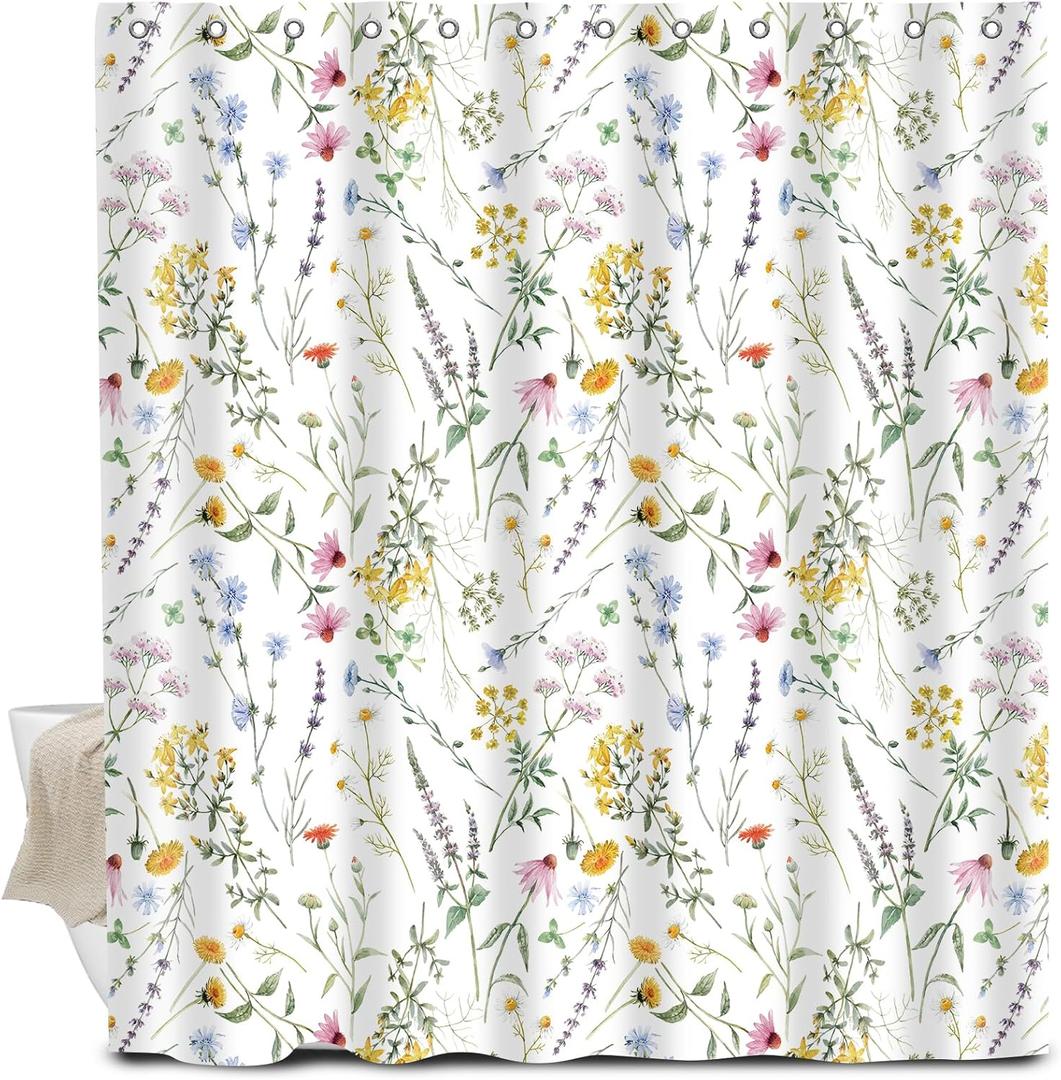 Shower Curtain for Bathroom, Cute Shower Curtain Sets with 12 Hooks, Waterproof Fabric Bath Curtain for Home, 72Wx72H Beautiful Flowers