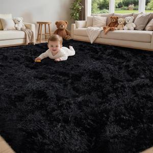 8x10 Area Rug for Living Room:Ultra Soft Fluffy Shag Black Rugs,Large Fuzzy Plush Indoor Non Slip Carpet Washable Rug for Bedroom Kids Nursery Office Dorm Modern Decor(Black)